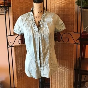 The Limited | Tops | Blue Green Button Down With Ruffle Neck | Poshmark